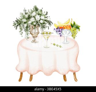 Aquarelle illustration table pour le dîner avec vin, bougies et bouquet. Comprend de la nourriture, des desserts et des boissons sur une table de restaurant élégante. Banque D'Images