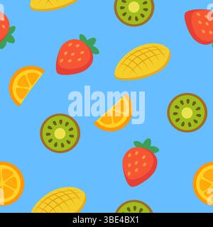 Motif de fruits éclatant sans couture avec kiwi, orange, fraise et mangue sur un fond bleu vif. Illustration de Vecteur