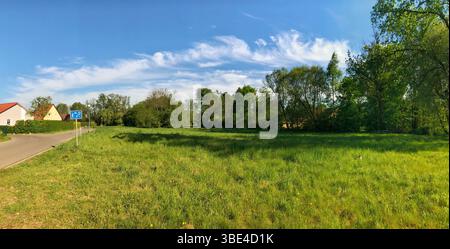 Une large vue panoramique sur la campagne avec des champs verdoyants, des arbres dispersés, un ciel bleu clair et une atmosphère sereine. Idéal pour les arrière-plans, HE Banque D'Images