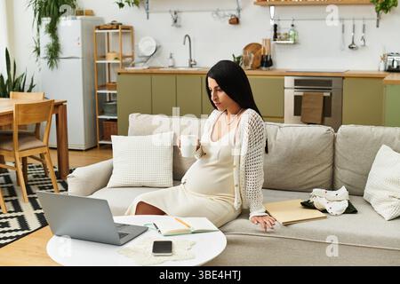 Une jeune femme se détend sur un canapé dans sa maison élégante, en dégustant une boisson chaude pendant sa grossesse. Banque D'Images
