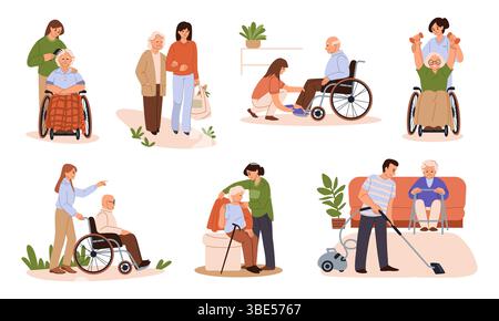 Le bénévolat aide à la personne âgée. Infirmière principale soignant les aînés à domicile. Service d'assistance pour homme adulte en fauteuil roulant. Soutien des grands-parents. Soignant marchant avec une vieille mamie. Ensemble de concepts vectoriels Illustration de Vecteur