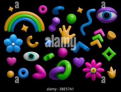 eléments 3d. Oeil et main, arc-en-ciel fleuri et doodles modernes psychédéliques, graphique alien ludique compris Les lignes bizarres, fantaisistes et courbes minimalistes rendent les taches brillantes. Jeu d'icônes isolées vectorielles Illustration de Vecteur