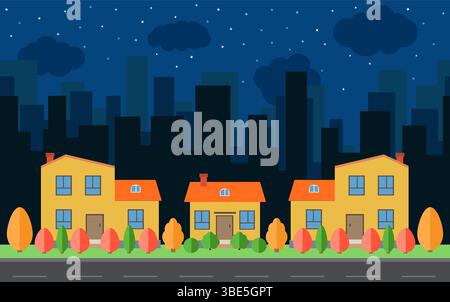 Ville de nuit de vecteur avec des maisons de dessins animés et des bâtiments avec des arbres et des arbustes rouges, jaunes et verts. Espace de ville avec route sur le concept de fond de style plat Illustration de Vecteur