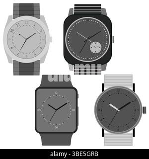 Ensemble de quatre montres en noir et blanc sur fond blanc. Cadran d'horloge avec aiguilles des heures, des minutes et des secondes. Illustration vectorielle. Illustration de Vecteur