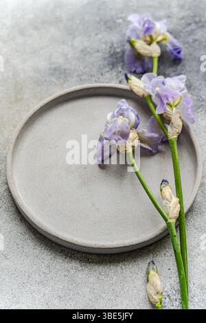 Vue de dessus de délicates fleurs d'iris violettes disposées sur une surface texturée grise, avec un plateau en béton comme élément élégant de la décoration intérieure. Banque D'Images