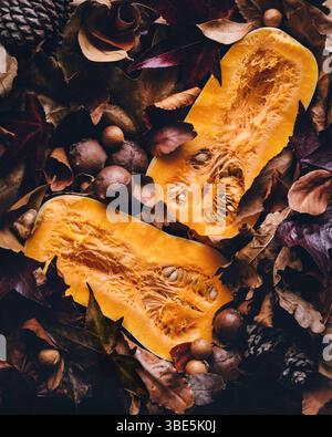 Gros plan de citrouilles tranchées entourées de feuilles d'automne, de glands et de pommes de pin, créant une atmosphère automnale chaleureuse et rustique parfaite pour la saison ou la harv Banque D'Images