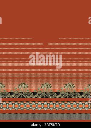 Motif textile géométrique en terre cuite et beige avec accents floraux Illustration de Vecteur