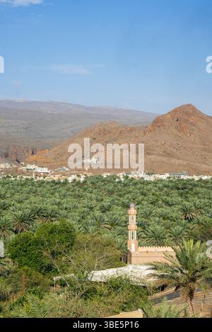Une vue sereine capturant une mosquée traditionnelle entourée de palmiers dattiers luxuriants à Al Hamra. Les collines ondoyantes offrent une superbe toile de fond à ce paisible Banque D'Images
