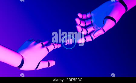 Une main de robot tient une bulle lumineuse avec le terme IA, symbolisant l'influence croissante de l'intelligence artificielle dans la technologie moderne. Banque D'Images