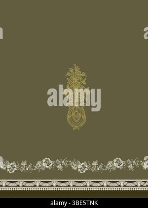 Motif textile fleuri vert olive et or avec bordure ornée Illustration de Vecteur