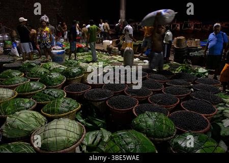 Les paniers débordant de baies de açaí récoltées dans la forêt sont déchargés au port de Belém, à côté du marché de Ver-o-Peso. Banque D'Images