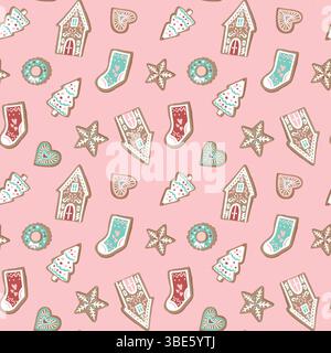 Charmante conception sans couture de motif de biscuit rose de noël pour le tissu et le papier Illustration de Vecteur