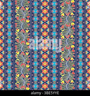 Motif textile à rayures géométriques et florales éclatantes en rouge jaune et bleu Illustration de Vecteur