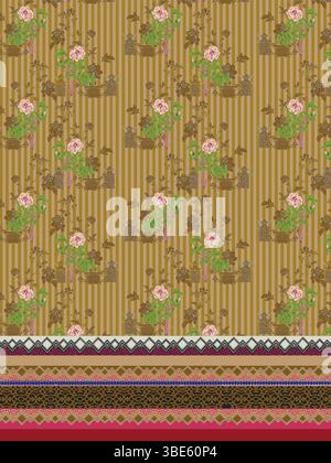 Élégant motif textile floral or et rose avec bordure géométrique Illustration de Vecteur