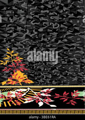 Design textile géométrique abstrait noir et gris avec des accents floraux colorés Illustration de Vecteur