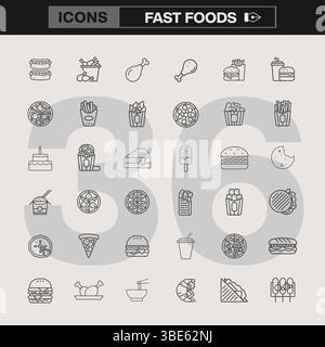 Une collection de 36 icônes de restauration rapide, y compris des hamburgers, frites, pizzas, hot-dogs, gobelets de soda, et plus encore. Parfait pour les menus, l'image de marque de restaurant, la nourriture Illustration de Vecteur