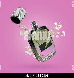 Lis de la vallée et bouteille de parfum dans l'air sur fond violet Banque D'Images