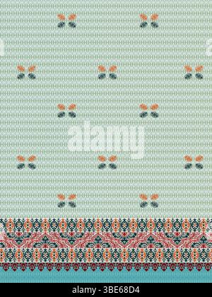 Élégant tissu sarcelle avec motifs papillons éparpillés et bordures complexes Illustration de Vecteur