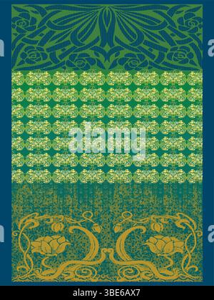 Élégant motif textile vert et or avec motifs floraux et art nouveau Illustration de Vecteur
