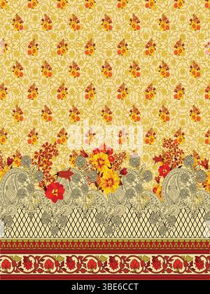 Motif fleuri et cachemire aux couleurs vives avec bordure complexe Illustration de Vecteur