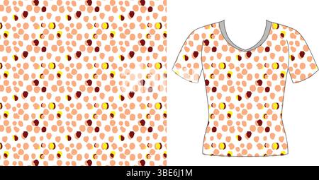 Motif abstrait en pointillés pêche et Bordeaux sur t-shirt femme Illustration de Vecteur