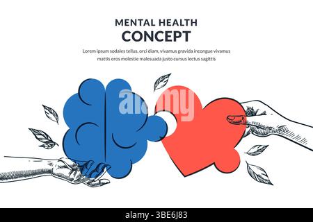 Deux mains humaines relient le cerveau et les casse-têtes du cœur. Illustration d'esquisse dessinée à la main vectorielle. Santé mentale, intelligence émotionnelle, équilibre, psychothérapie Illustration de Vecteur