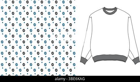 Sweat-shirt blanc à col ras du cou avec un petit motif floral répétitif en bleu et noir Illustration de Vecteur