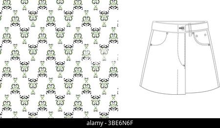 Croquis plat technique d'une mini jupe en Jean avec un motif géométrique répétitif Illustration de Vecteur