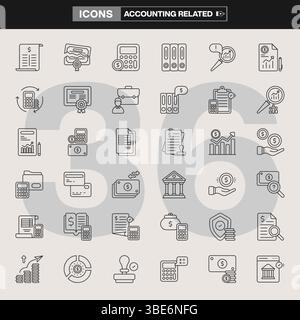 Une collection de 36 icônes liées à la comptabilité, comprenant des calculatrices, des graphiques, des sacs d'argent, des balances, outils financiers et symboles fiscaux. Illustration de Vecteur