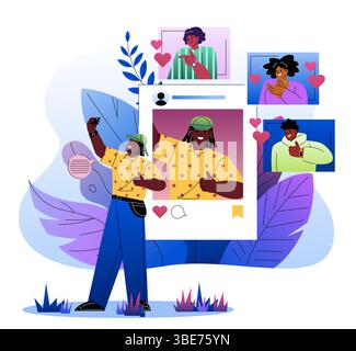 L'homme prend selfie. Jeune homme avec smartphone prenant une photo de lui-même. Blogueur populaire et créateur de contenu. Influenceur dans les médias sociaux. Vecteur plat Illustration de Vecteur