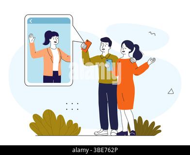 Les gens utilisent les appels vidéo. Homme et femme utilisant des smartphones discutant avec des amis sur les médias sociaux. Discussion et communication en ligne. Vecteur linéaire Illustration de Vecteur