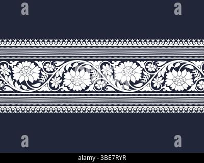 Bande blanche de motif de bordure de dentelle florale zig zag sur fond bleu denim pour les décorations, les impressions de tissu, chemin de table, et d'autres impressions Illustration de Vecteur