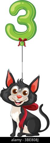 Charmante illustration vectorielle d'un chat tenant un ballon vert en forme de numéro trois, avec des couleurs vibrantes et un design ludique Illustration de Vecteur