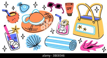 Ensemble de doodle rétro tropical d'été - chapeau et lunettes de soleil, coquillage et verres de cocktails, serviette de plage et sac dans des couleurs vives amusantes. Éléments autocollants mignons pour les vacances, les voyages et la conception de vacances. Illustration de Vecteur