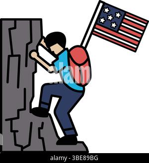 Un homme grimpe sur un rocher avec un sac à dos et un drapeau américain. Le drapeau agite au vent Illustration de Vecteur