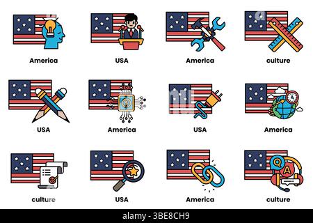 L'image est un ensemble de 12 drapeaux différents, chacun représentant un aspect différent de la culture américaine. Les drapeaux sont disposés dans une grille, avec chacun fe Illustration de Vecteur