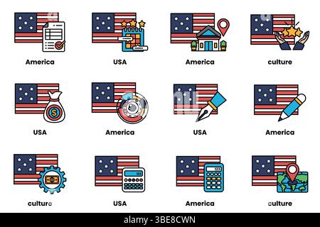 Un ensemble de drapeaux américains avec diverses icônes et symboles. Les drapeaux sont disposés dans une grille, chacun représentant un aspect différent du Cu américain Illustration de Vecteur