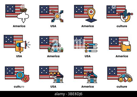 L'image est un ensemble de 12 drapeaux américains différents, chacun avec un design différent. Les drapeaux sont disposés dans une grille, chacun représentant un différent Illustration de Vecteur