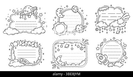 Les notes de mémo pour enfants encadrent des planètes de l'espace, des étoiles et un vaisseau spatial. Modèles cosmiques vectoriels pour les enfants avec la lune, la fusée, l'étoile, les nuages et les constellations pour l'écriture imprimable ou les planificateurs scolaires Illustration de Vecteur