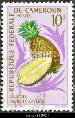 Timbre-poste oblitéré imprimé par le Cameroun, qui montre ananas (ananas sativa), vers 1967. Banque D'Images