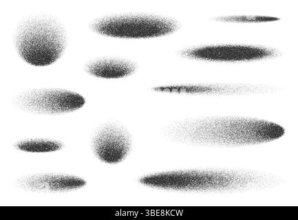 Ombres ovales et cercles avec texture de bruit de grain ou de points pointillés, effets d'ombre vectoriels. Ombres circulaires réalistes avec gradient de grain de bruit, peinture au jet de sable ou au jet de peinture pour l'effet d'ombre des objets ovales Illustration de Vecteur