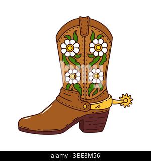 Botte de cow-boy groovy WESTERN, article hippie Wild West. Chaussures en cuir robuste vectoriel isolé, avec talon incliné, bout pointu, éperon et motif floral, incarnant l'esprit frontière du ranch américain Illustration de Vecteur