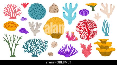 Coraux et récifs, ensemble de plantes d'algues sous-marines de dessin animé. Aquarium et récif corallien marin vecteur faune nature biodiversité. La vie marine océanique et sous-marine a isolé les mauvaises herbes et les épaves, la flore marine de varech Illustration de Vecteur