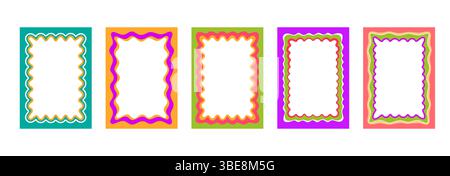 Couleurs Groovy feston Y2K cadres et bordures avec des bords de motif de forme ondulée, arrière-plans vectoriels. Cadres crantés groovy de forme rectangulaire avec des bordures ondulées rétro pour photo photoframe Illustration de Vecteur