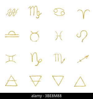 Les signes astrologiques du zodiaque et les symboles des éléments sont la terre, l'eau, le feu et l'air. Illustration aquarelle. L'ensemble est isolé sur fond blanc Banque D'Images