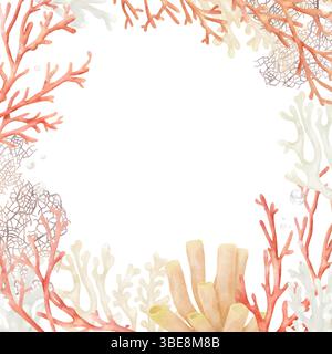 Un cadre fait de brindilles de corail dans un style nautique. Illustration aquarelle. Corail rouge et blanc, carte postale cadre anémone de mer, isolé sur fond blanc Banque D'Images
