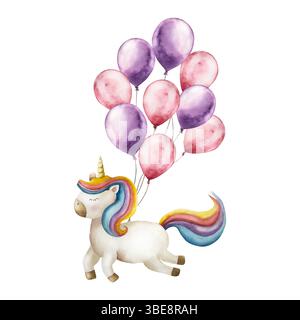 Licorne avec feuille rouge et violet bouquet de ballons. Barbe à papa pastel aquarelle. Illustration dessinée à la main isolée sur fond, png transparent Banque D'Images