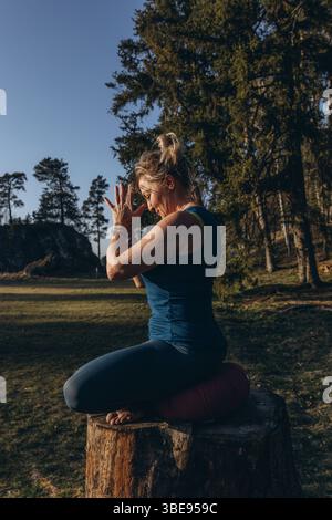 Une femme pratiquant le yoga effectue une séance assise en position lotus sur une souche d'arbre, méditant seule dans des vêtements décontractés lors d'une journée d'automne ensoleillée dans le parc. Bonjour Banque D'Images