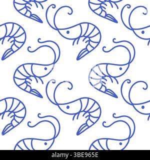 La dolce vita gribouille des crevettes à motif sans couture. Bleu sur illustration vectorielle blanche des affiches dessinées à la main de style italien. Décoration de gravures murales, pour Illustration de Vecteur
