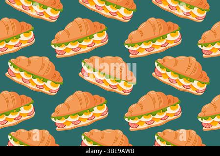 Croissants sandwich modèle sans couture avec laitue, oeuf, fromage et salami dans un style plat. Fond de conception pour boulangerie, petit déjeuner et brunch café Illustration de Vecteur
